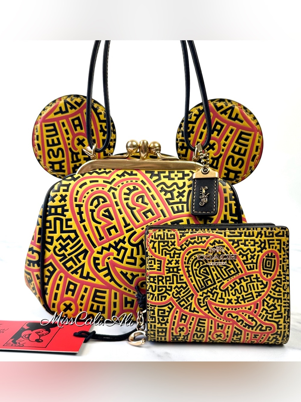 NWT COACH x DISNEY Keith Haring Mickey Kisslock Crossbody Bag Wallet Set